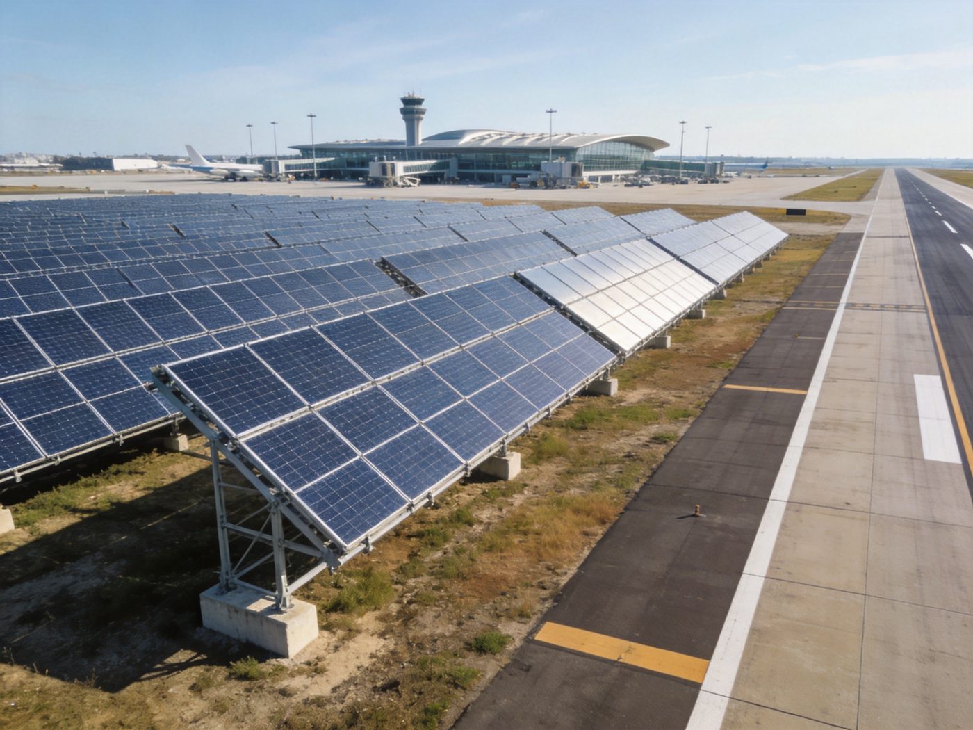 Ground-mounted solar farm beside an airport runway