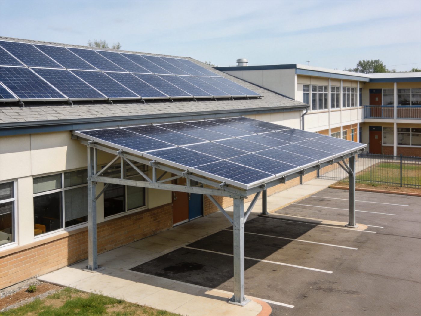 School building with rooftop solar and a schoolyard solar carport