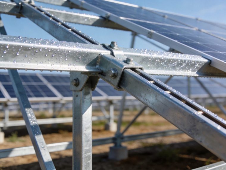 Hot-dip galvanized steel solar mounting structure with bright spangled zinc-coated beams