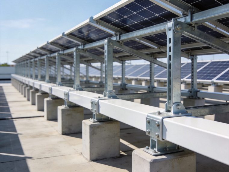 Modular pre-engineered solar mounting system in neat repeating rows on a commercial site