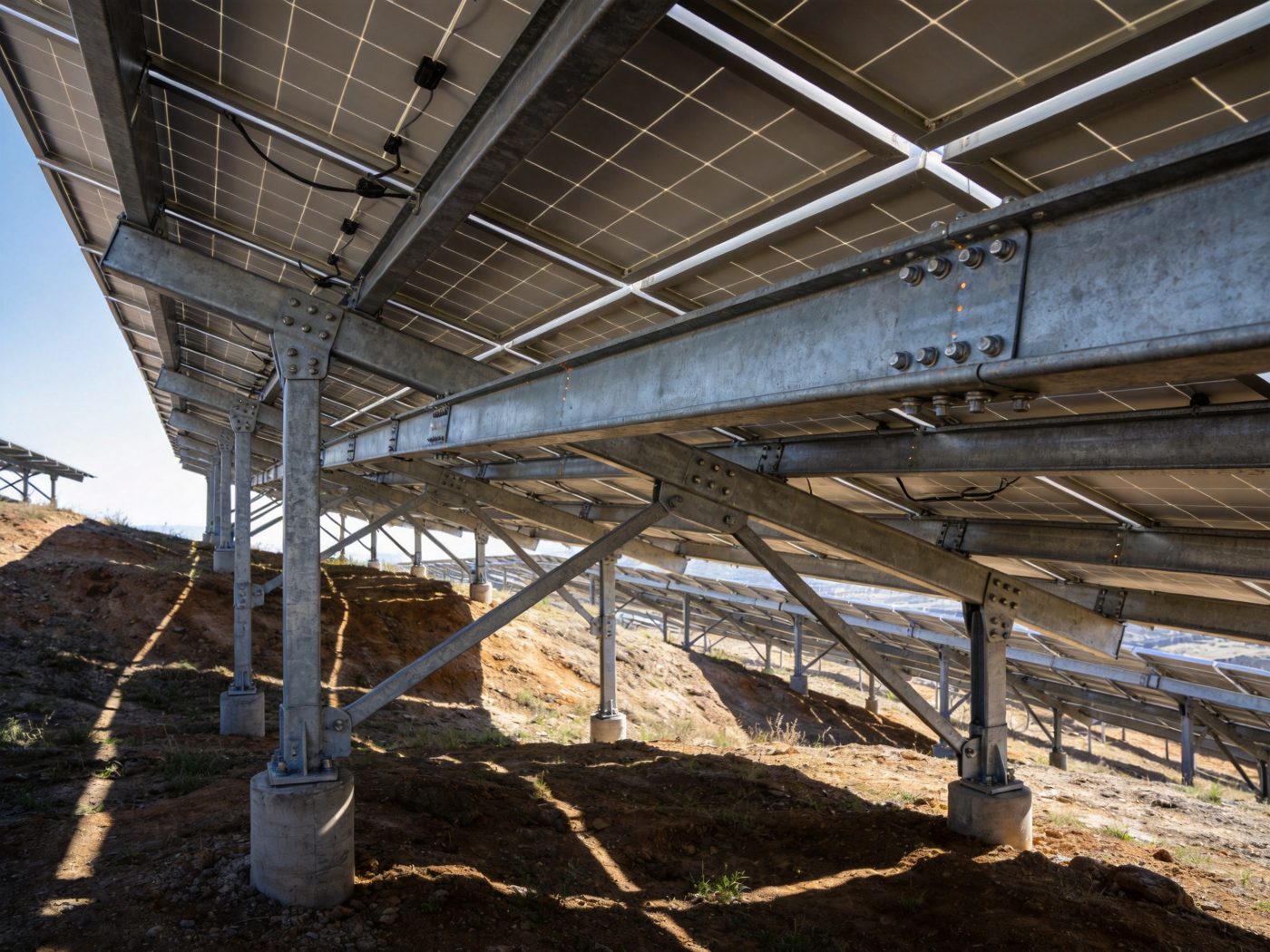 Large custom-engineered solar mounting steel structure spanning uneven terrain