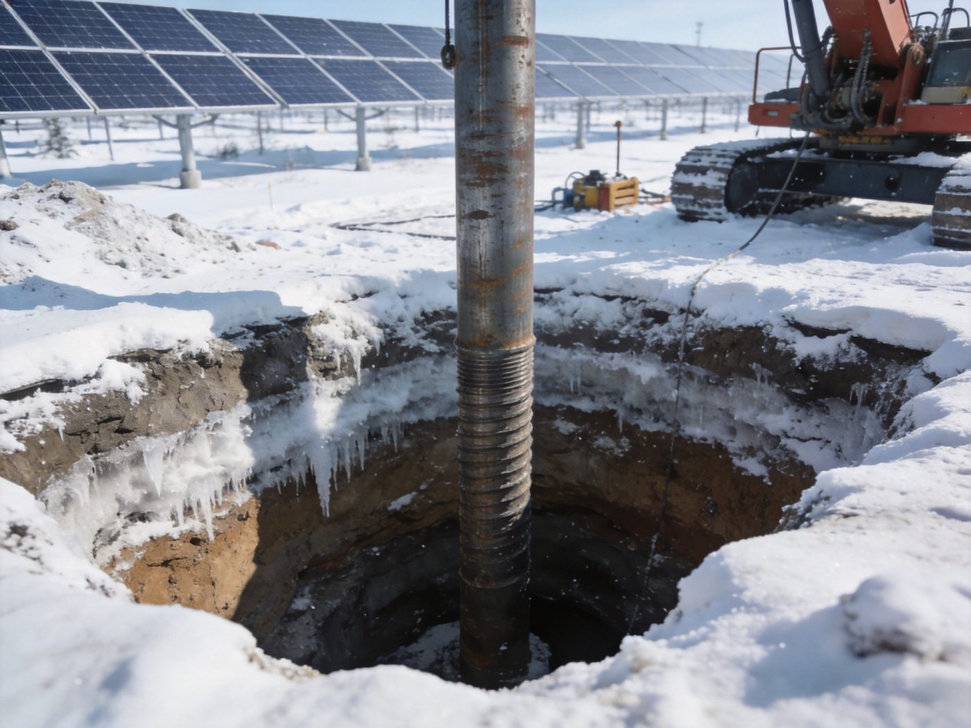 Deep driven steel pile foundation below the frost line at a snowy solar site