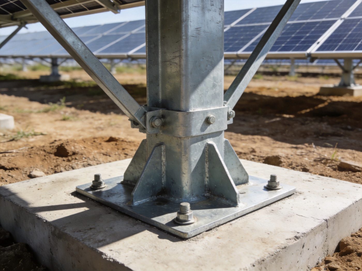 Steel solar racking post and base transferring structural load into a foundation