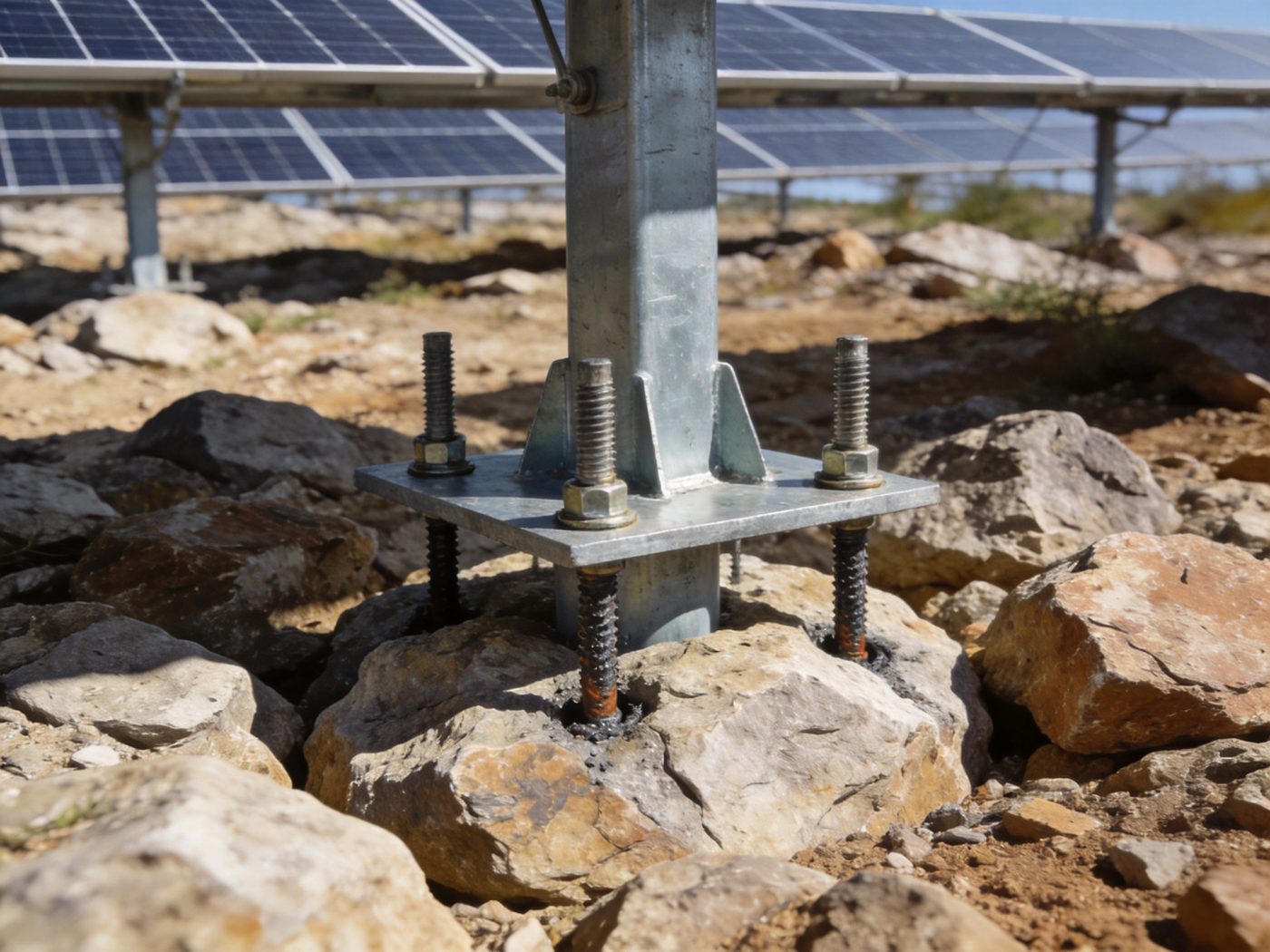 Steel solar foundation anchored into rocky ground with rock anchors