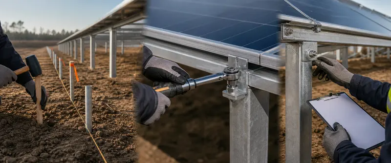 Concept illustration of site layout, torque-controlled installation, and structural inspection