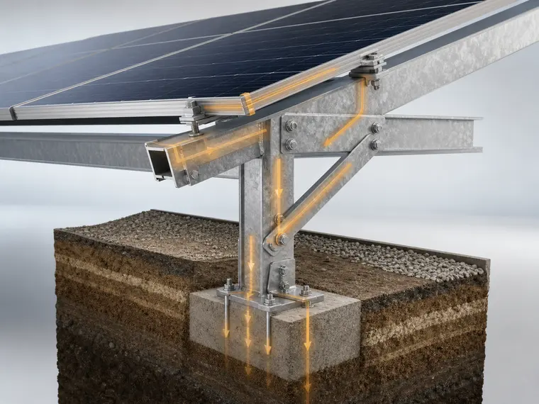 Concept illustration of a solar mounting load path through rails, bracing, post, and foundation