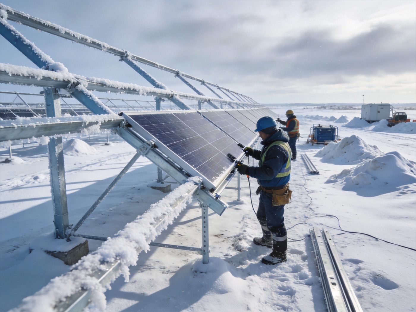 Workers installing solar racking on a snowy winter site