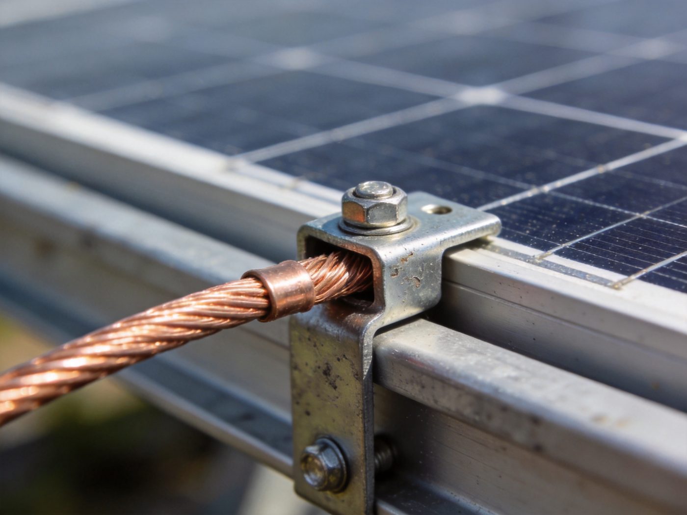 Grounding and bonding copper wire attached to a solar mounting rail