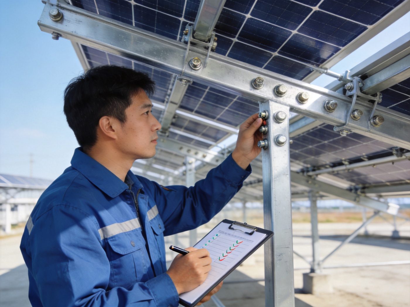 Engineer inspecting a completed solar racking installation