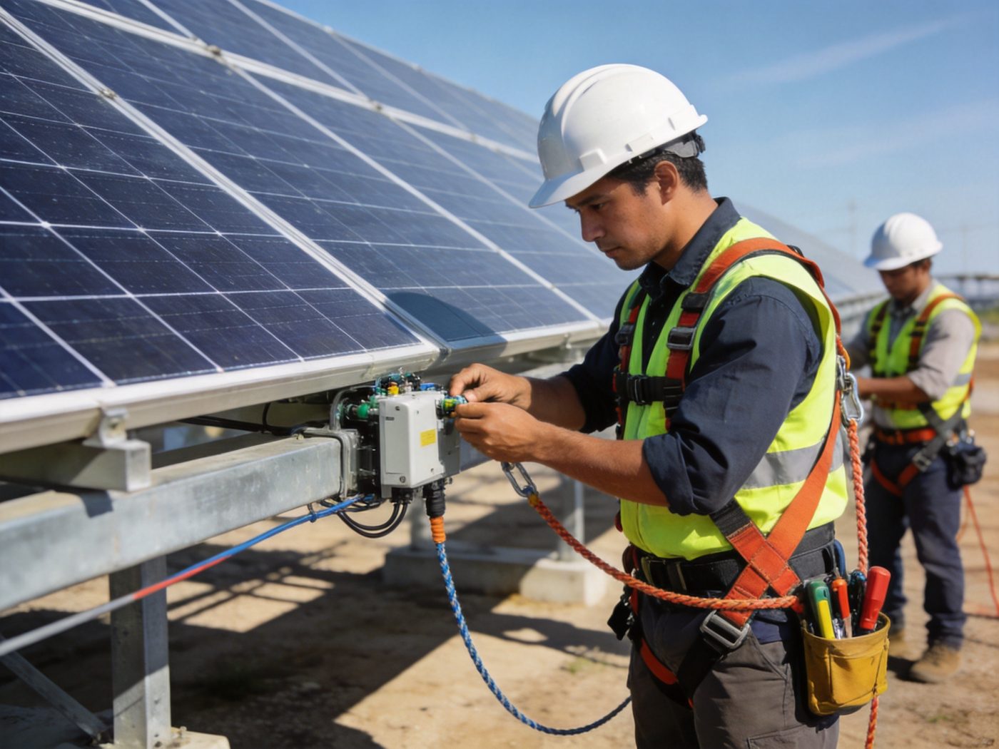 Solar installers in hard hats, vests and harnesses on site