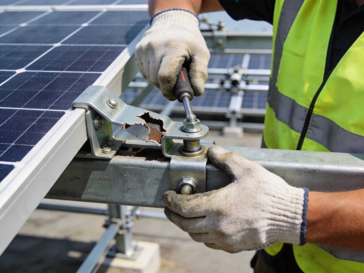 Technician replacing a damaged clamp on solar racking