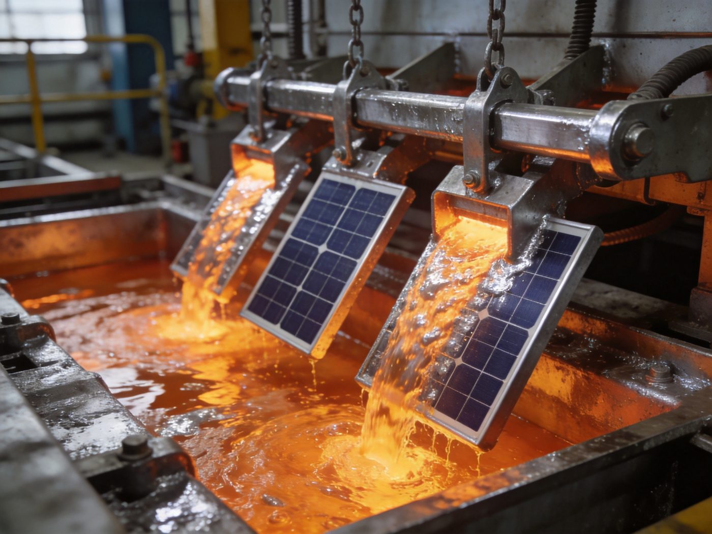 Steel solar components dipped in a molten zinc galvanizing bath