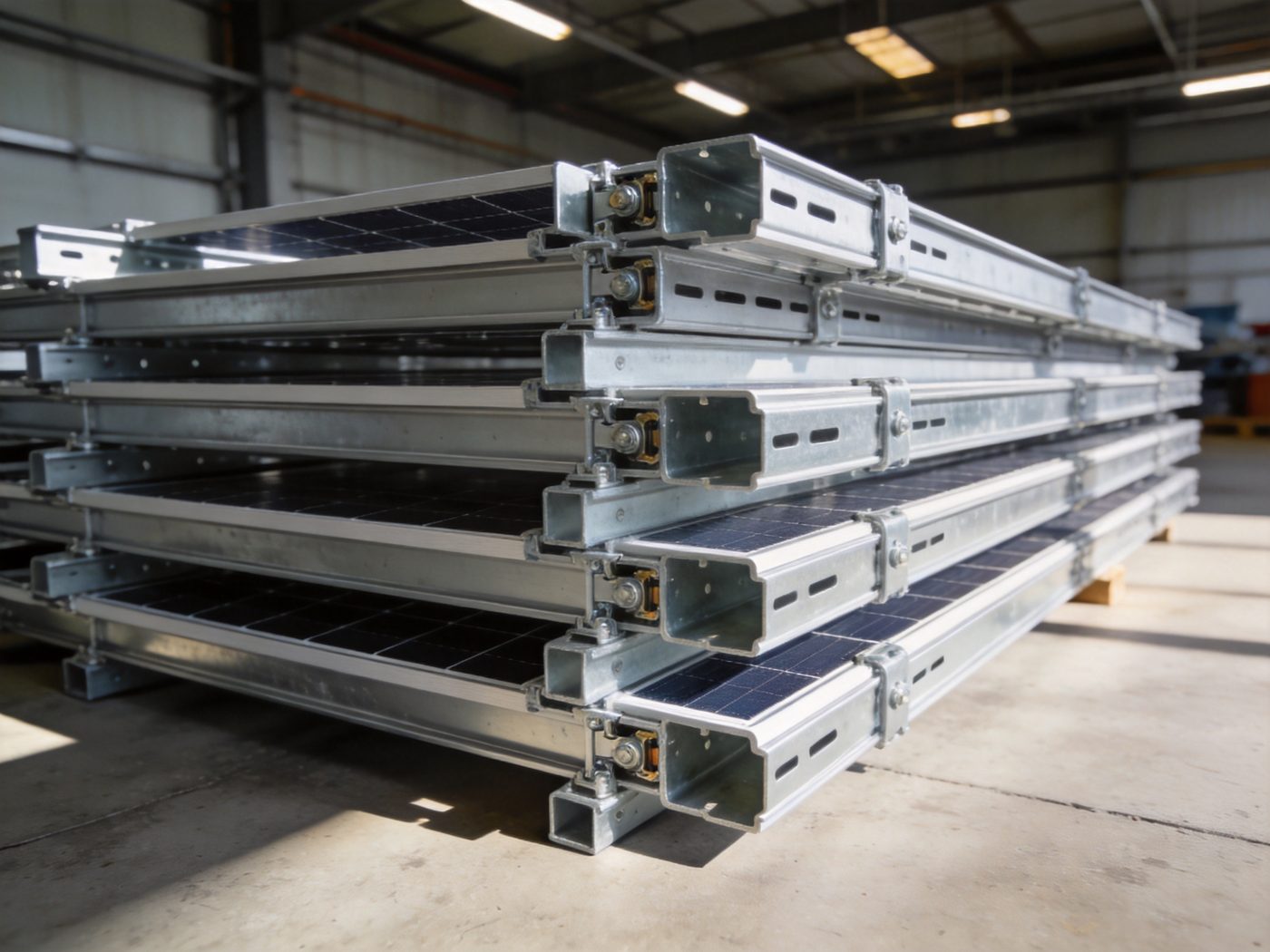 Pre-assembled modular solar racking components ready for assembly
