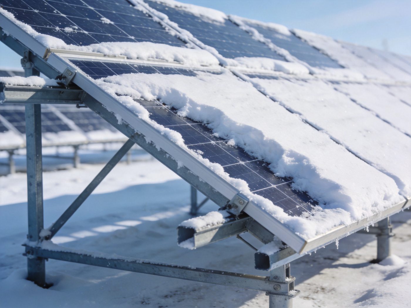 Solar panels tilted to shed heavy snow