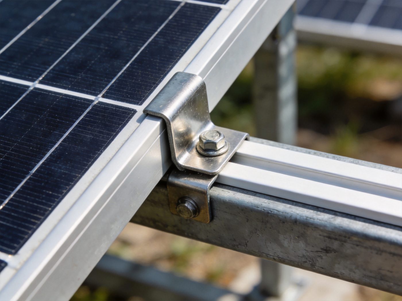 Close-up of a stainless mid-clamp bolting a PV module to an aluminium mounting rail
