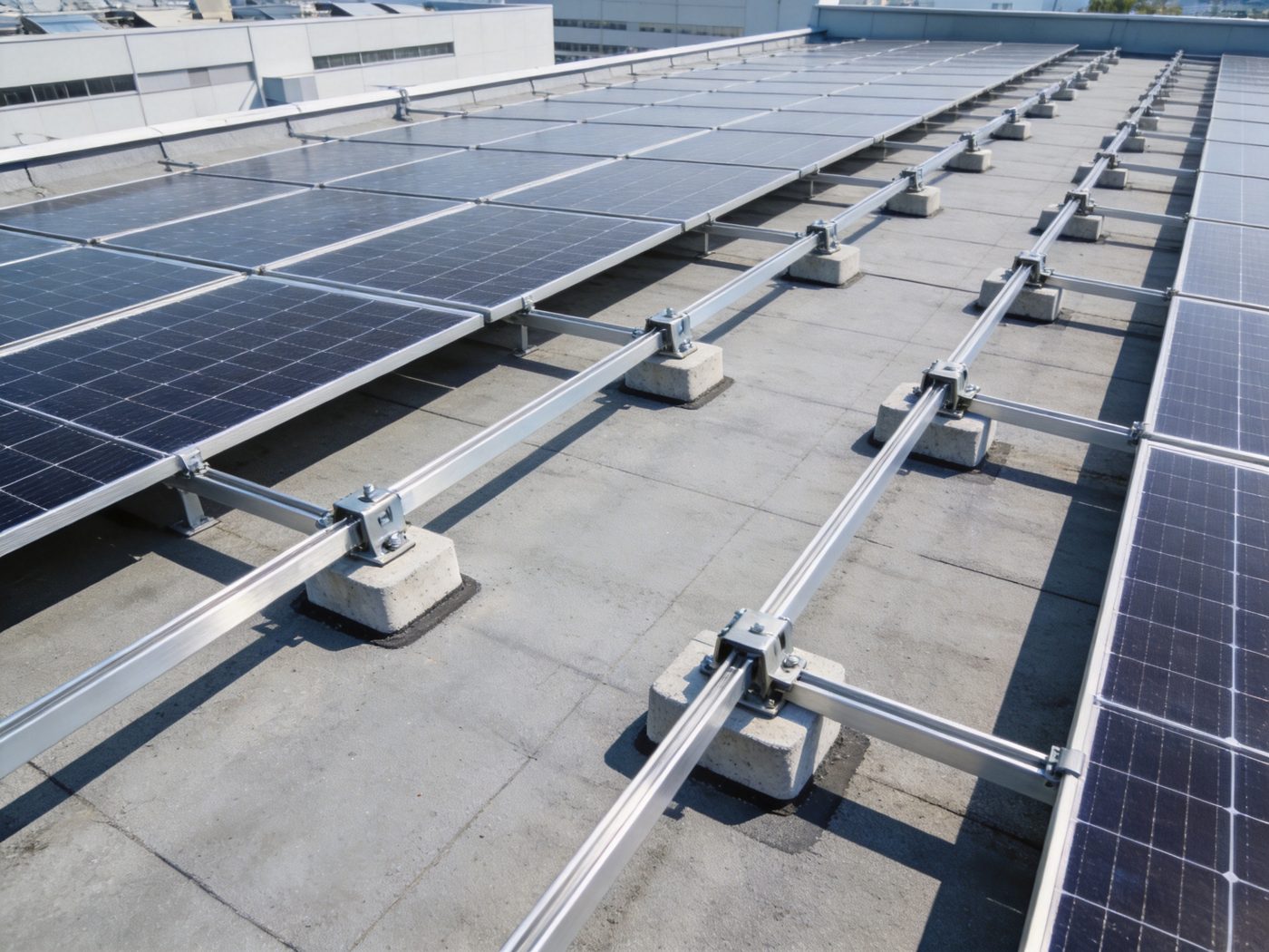 Rooftop solar PV array on aluminium mounting rails on a commercial flat roof