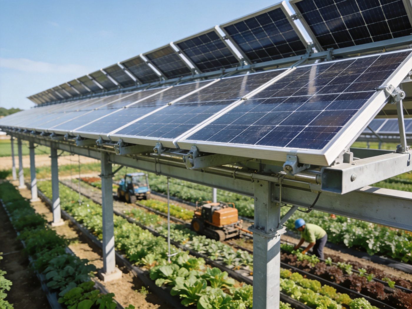 Agrivoltaic panels elevated above growing crops