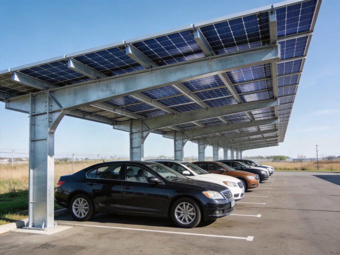 Solar carport structure being installed over a parking lot