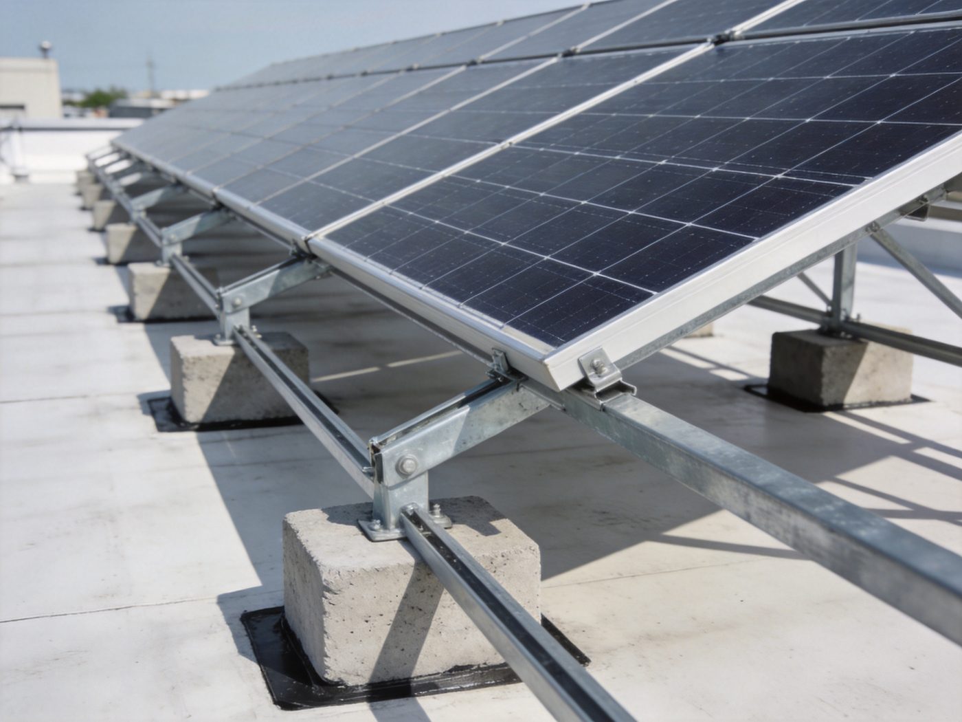 Ballasted solar frames on a flat commercial roof