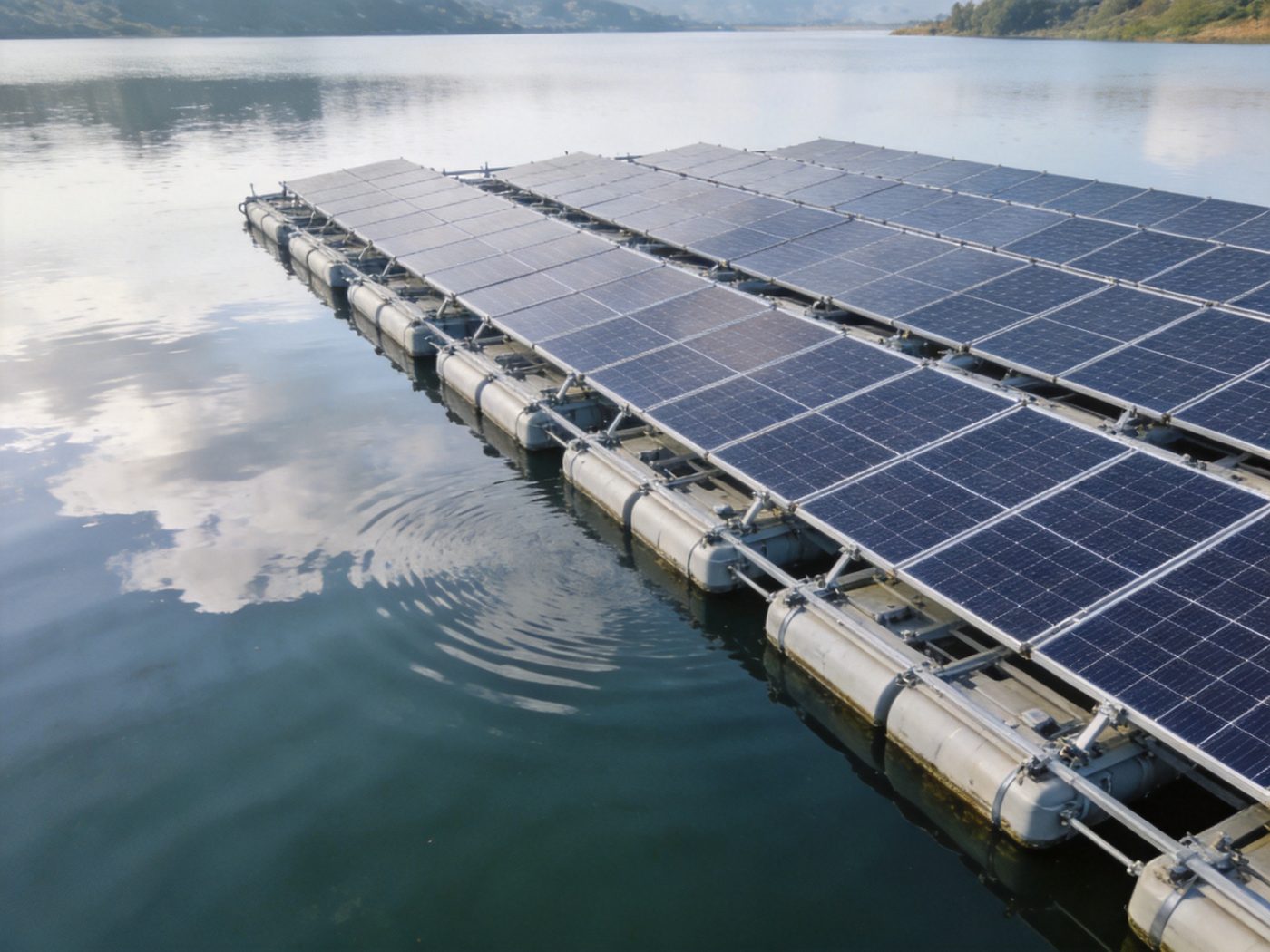 Floating solar power plant on pontoons on a reservoir