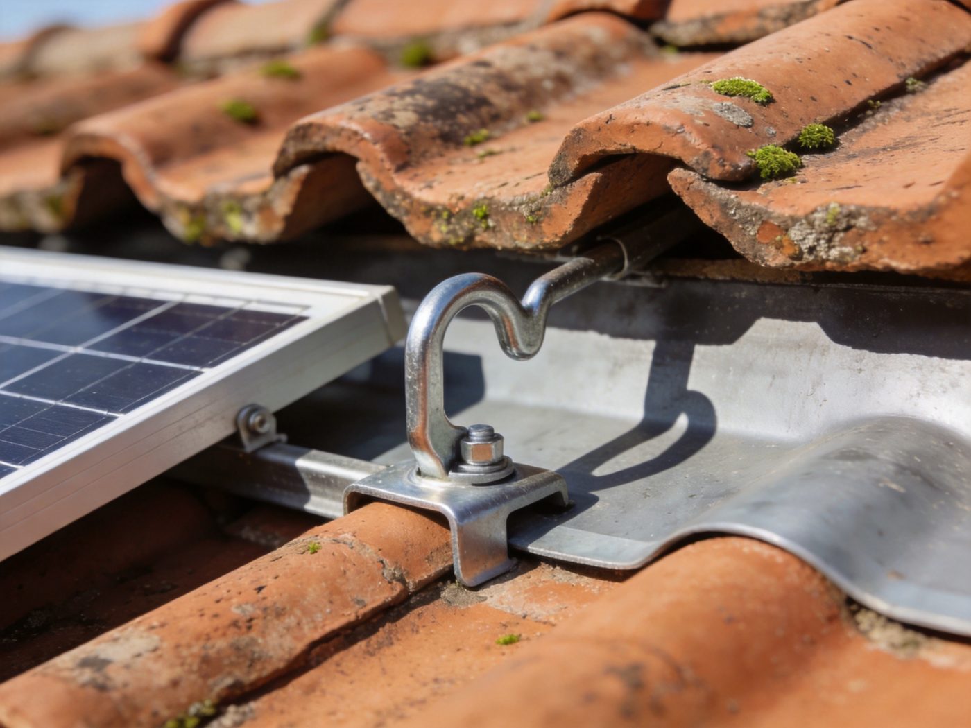 Solar panels on a clay tile roof with hooks and flashing