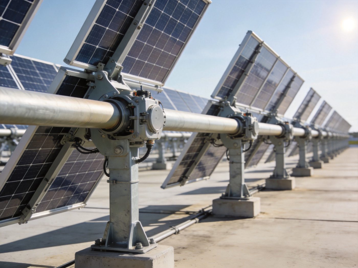 Solar trackers following the sun in a large solar farm